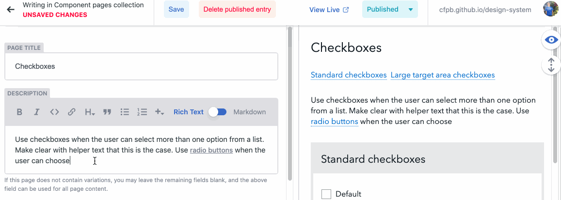 Screenshot showing how to edit a page in Netlify CMS